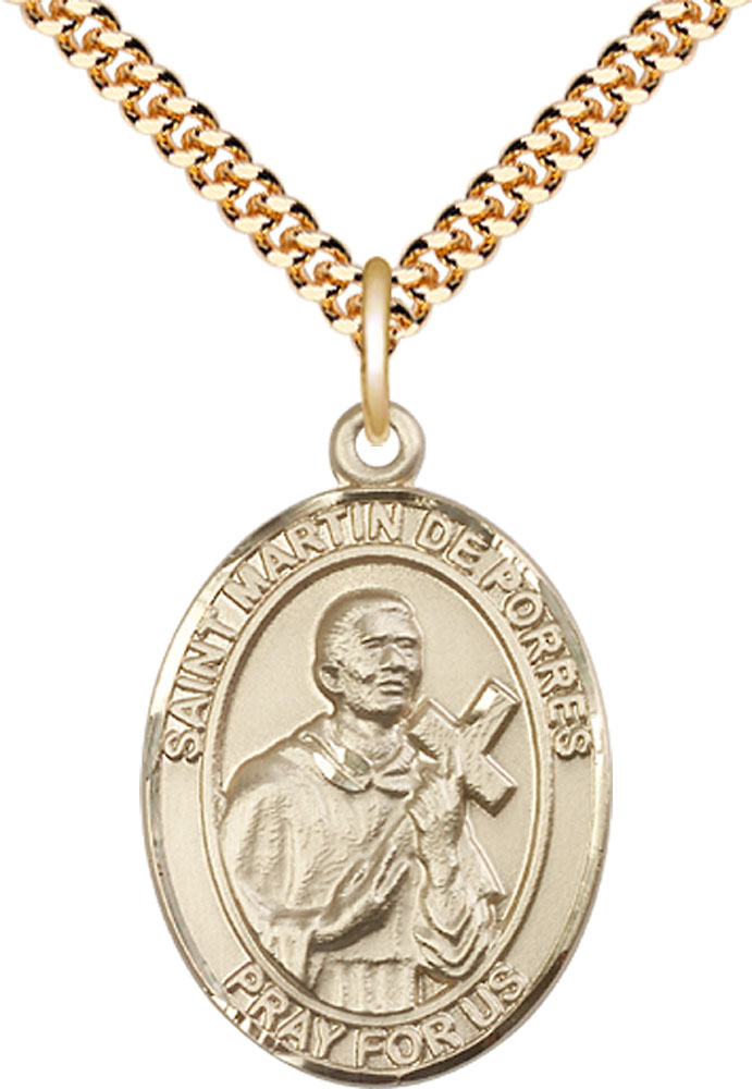 14kt Gold Filled Saint Martin de Porres Pendant on a 24 inch Gold Plate Heavy Curb chain