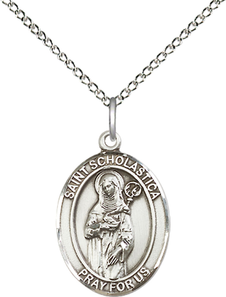 Sterling Silver Saint Scholastica Pendant on a 18 inch Sterling Silver Light Curb chain