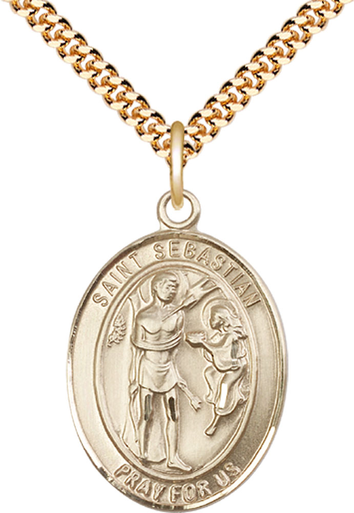 14kt Gold Filled Saint Sebastian Pendant on a 24 inch Gold Plate Heavy Curb chain