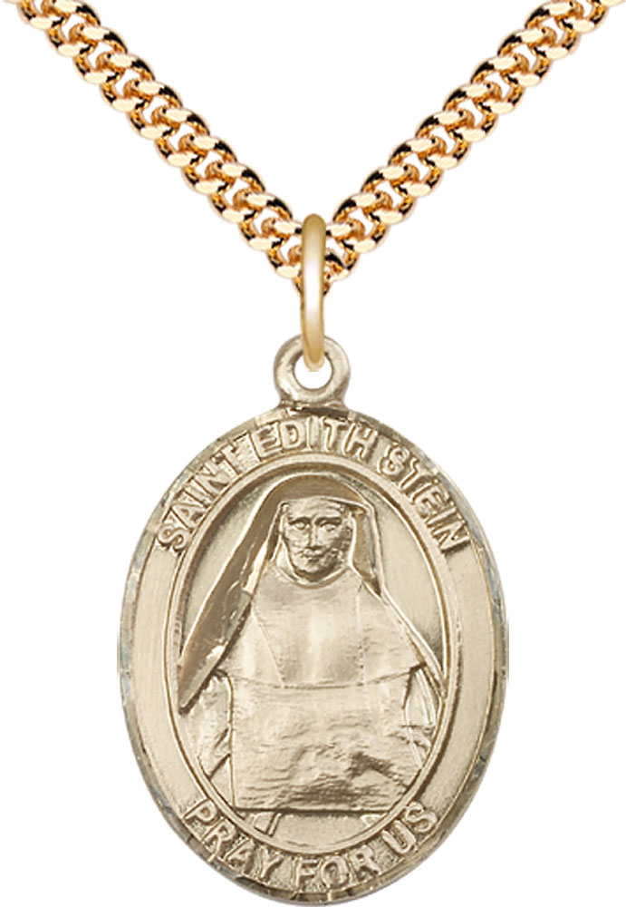 14kt Gold Filled Saint Edith Stein Pendant on a 24 inch Gold Plate Heavy Curb chain