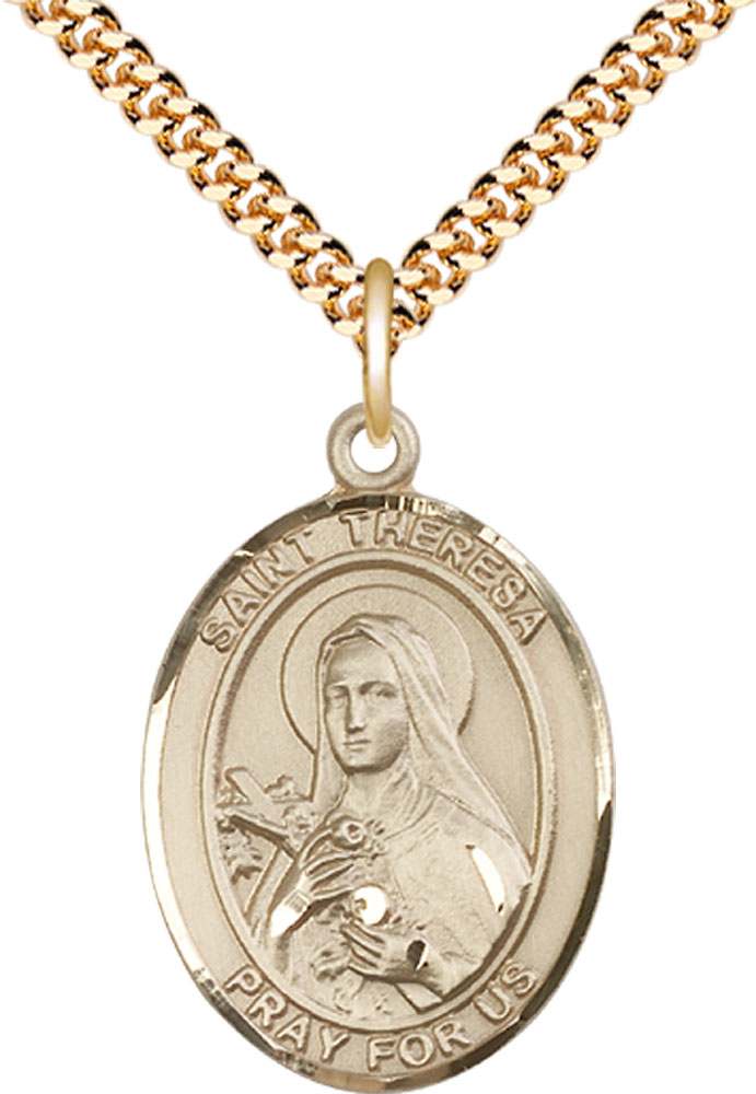 14kt Gold Filled Saint Theresa Pendant on a 24 inch Gold Plate Heavy Curb chain