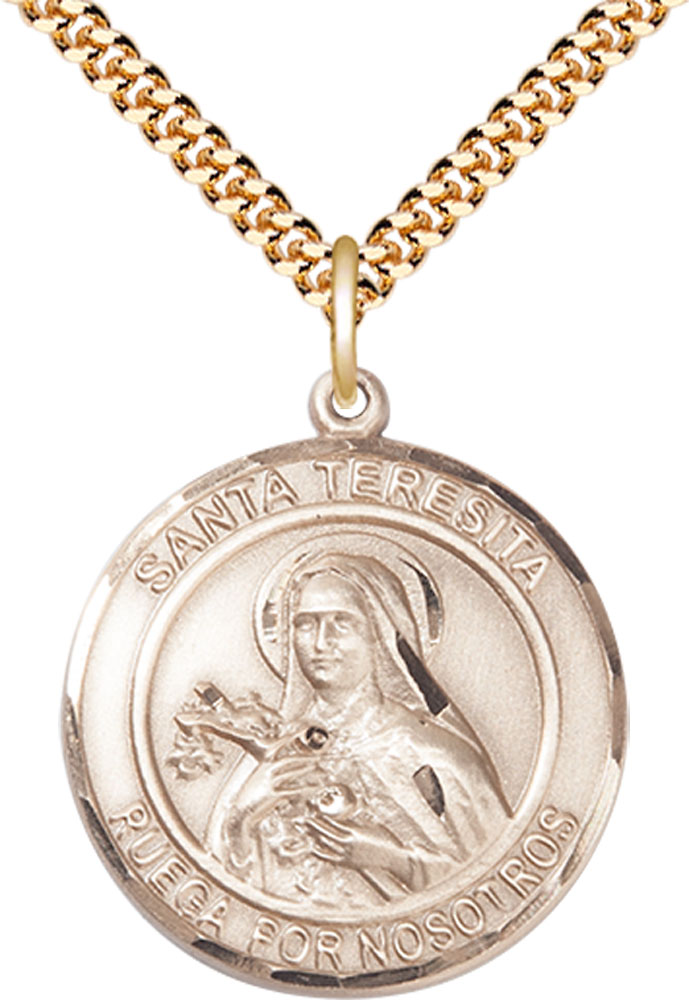 14kt Gold Filled Santa Teresita Pendant on a 24 inch Gold Plate Heavy Curb chain