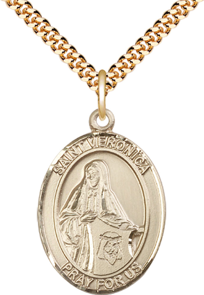 14kt Gold Filled Saint Veronica Pendant on a 24 inch Gold Plate Heavy Curb chain