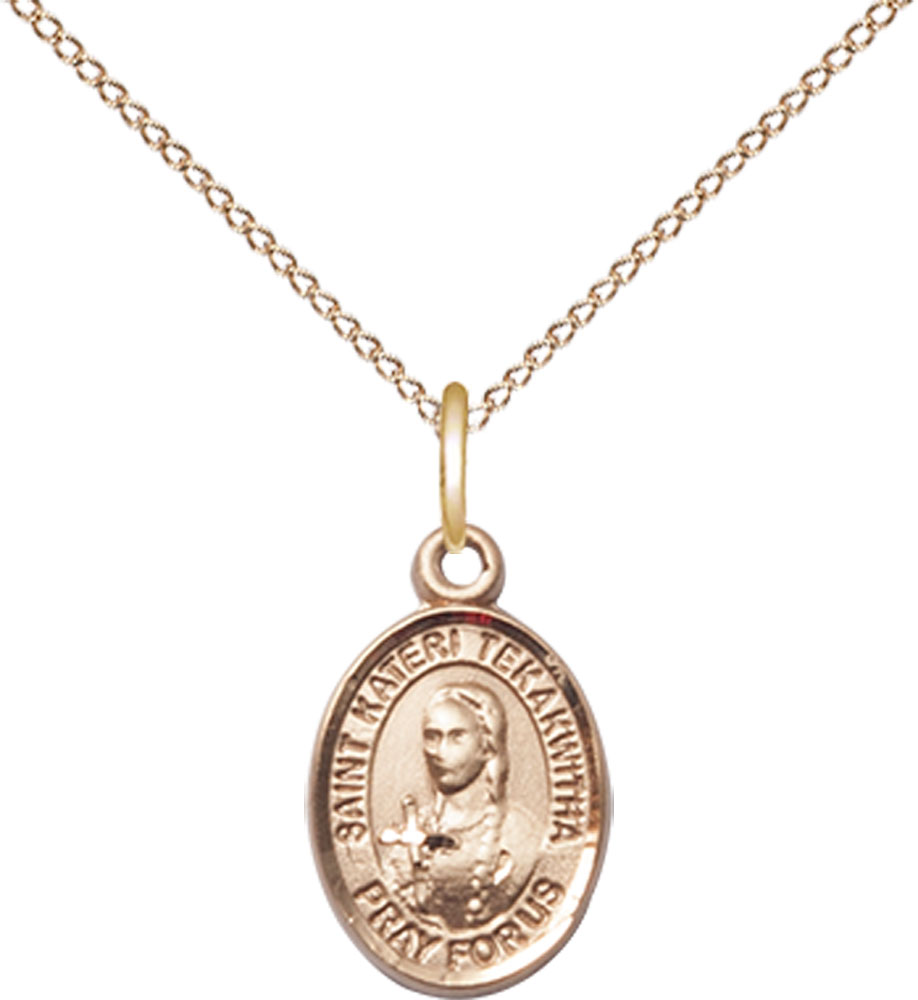 14kt Gold Filled Saint Kateri Tekakwitha Pendant on a 18 inch Gold Filled Light Curb chain