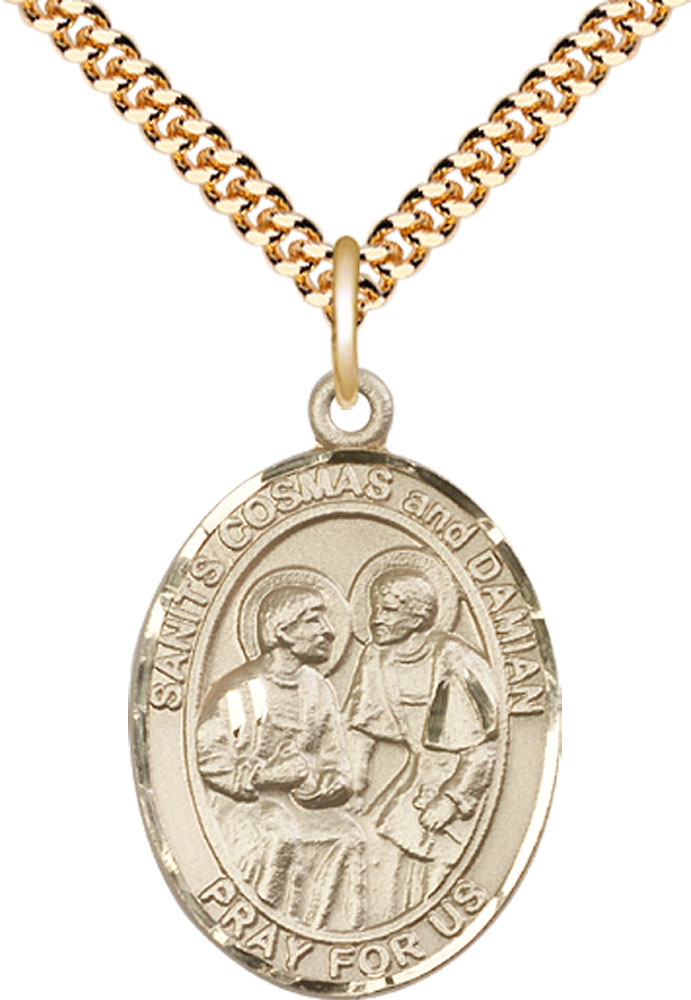 14kt Gold Filled Saints Cosmas &amp; Damian Pendant on a 24 inch Gold Plate Heavy Curb chain