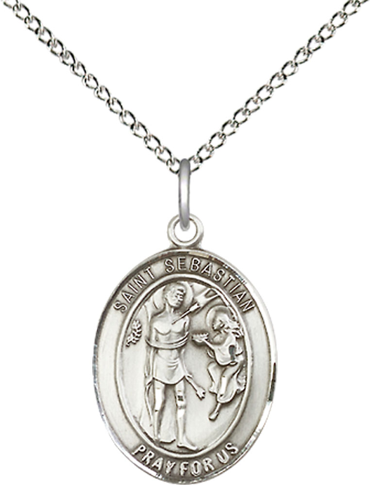 Sterling Silver Saint Sebastian Pendant on a 18 inch Sterling Silver Light Curb chain