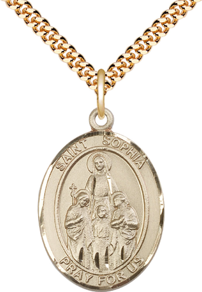 14kt Gold Filled Saint Sophia Pendant on a 24 inch Gold Plate Heavy Curb chain