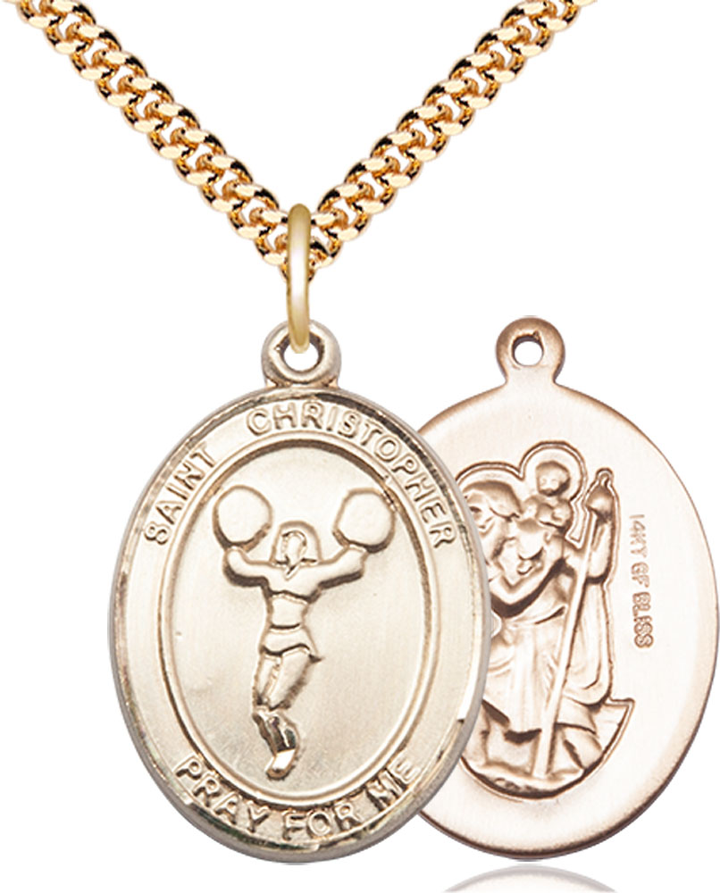 14kt Gold Filled Saint Christopher Cheerleading Pendant on a 24 inch Gold Plate Heavy Curb chain