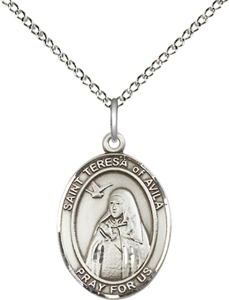 Sterling Silver Saint Teresa of Avila Pendant on a 18 inch Sterling Silver Light Curb chain