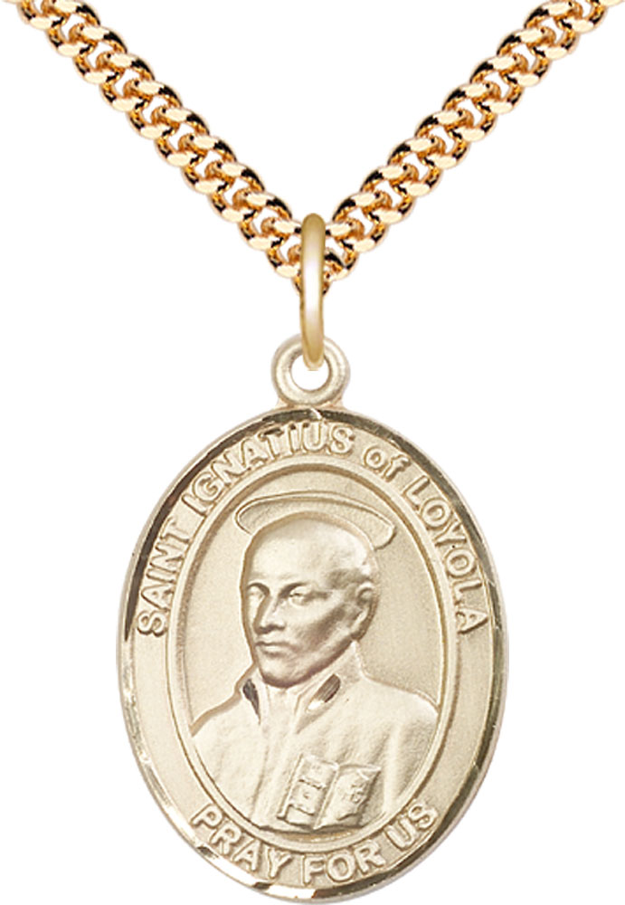 14kt Gold Filled Saint Ignatius of Loyola Pendant on a 24 inch Gold Plate Heavy Curb chain