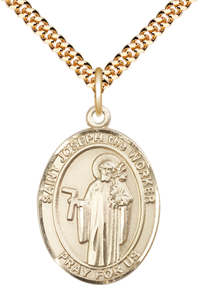 14kt Gold Filled Saint Joseph the Worker Pendant on a 24 inch Gold Plate Heavy Curb chain