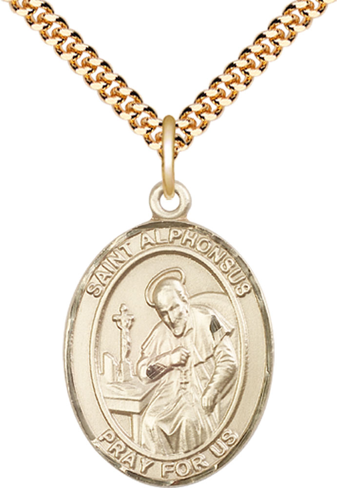 14kt Gold Filled Saint Alphonsus Pendant on a 24 inch Gold Plate Heavy Curb chain