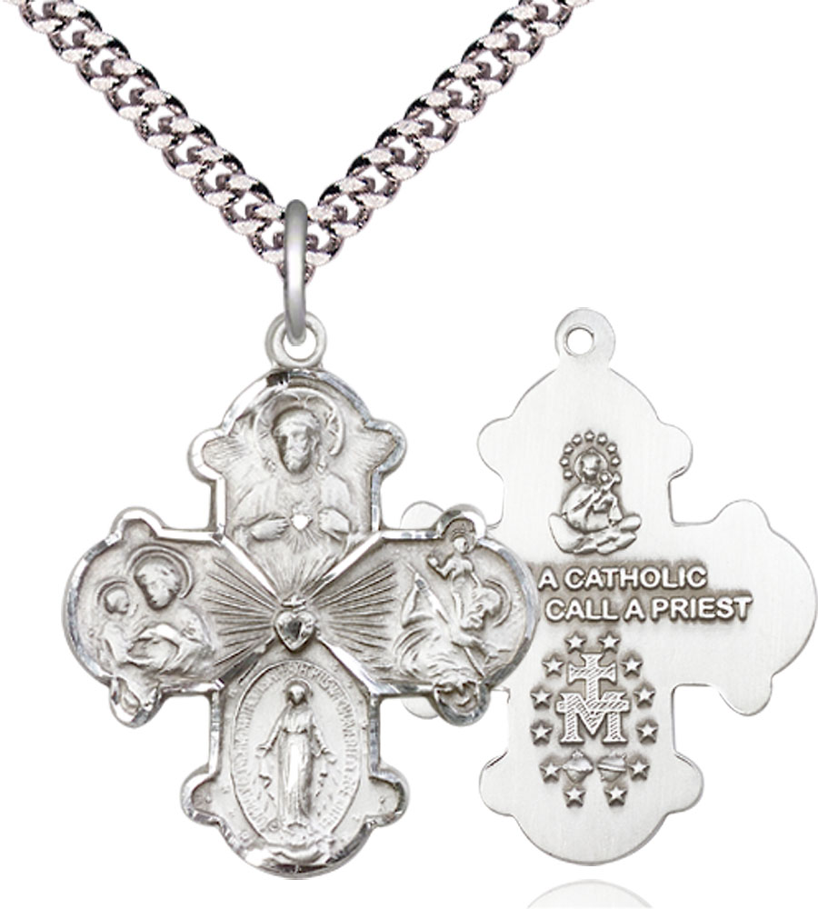 Sterling Silver 4-Way Pendant on a 24 inch Light Rhodium Heavy Curb chain