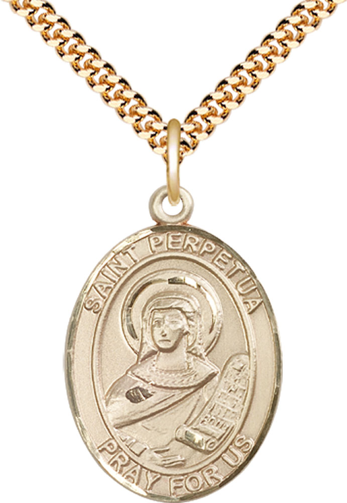 14kt Gold Filled Saint Perpetua Pendant on a 24 inch Gold Plate Heavy Curb chain