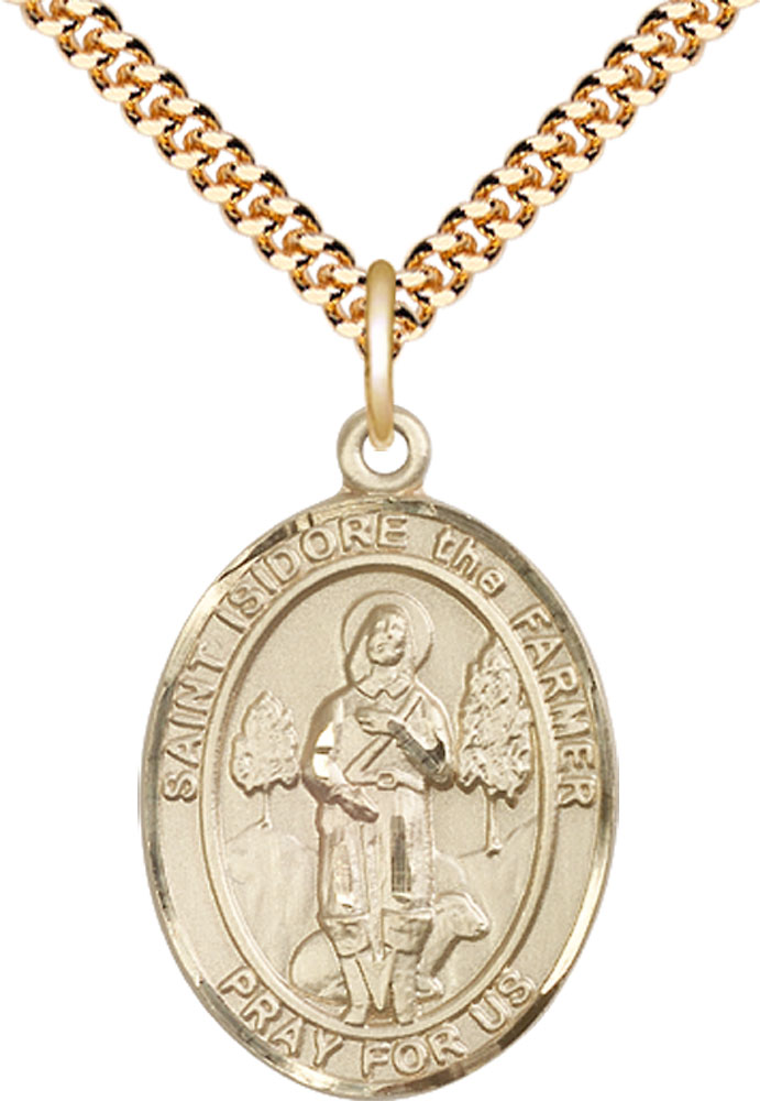 14kt Gold Filled Saint Isidore the Farmer Pendant on a 24 inch Gold Plate Heavy Curb chain