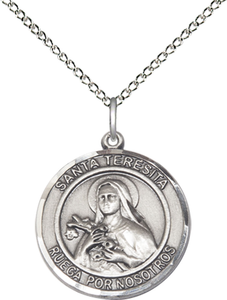 Sterling Silver Santa Teresita Pendant on a 18 inch Sterling Silver Light Curb chain