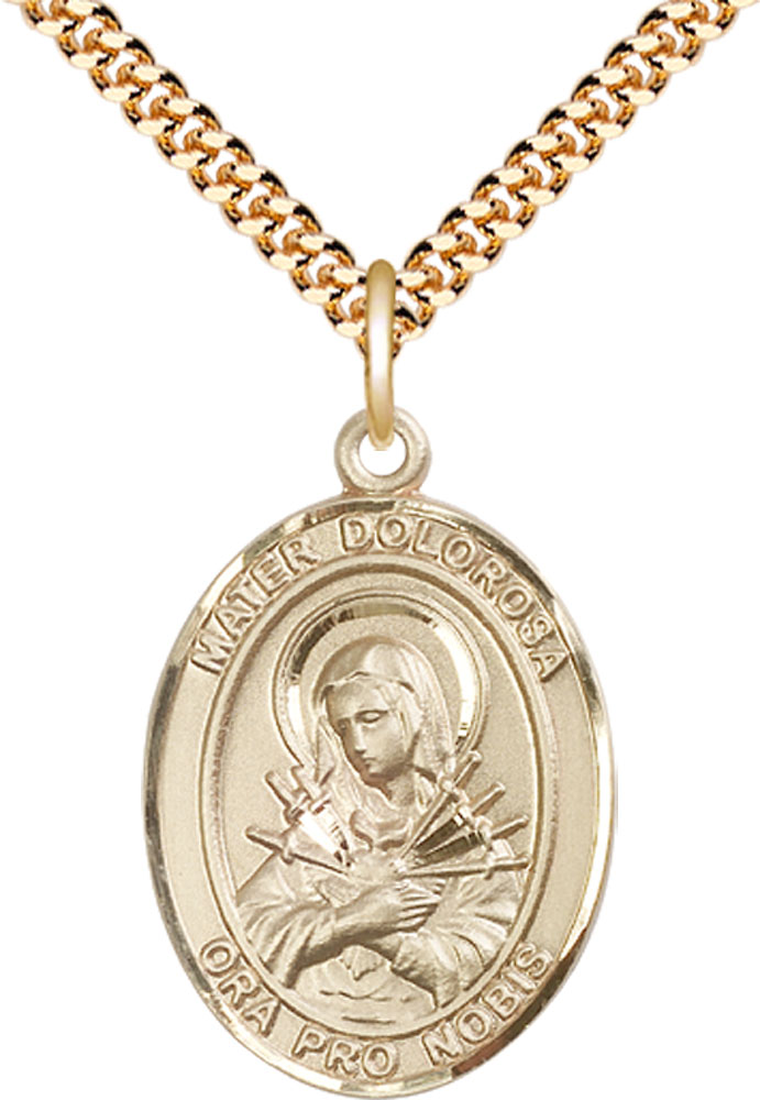 14kt Gold Filled Mater Dolorosa Pendant on a 24 inch Gold Plate Heavy Curb chain