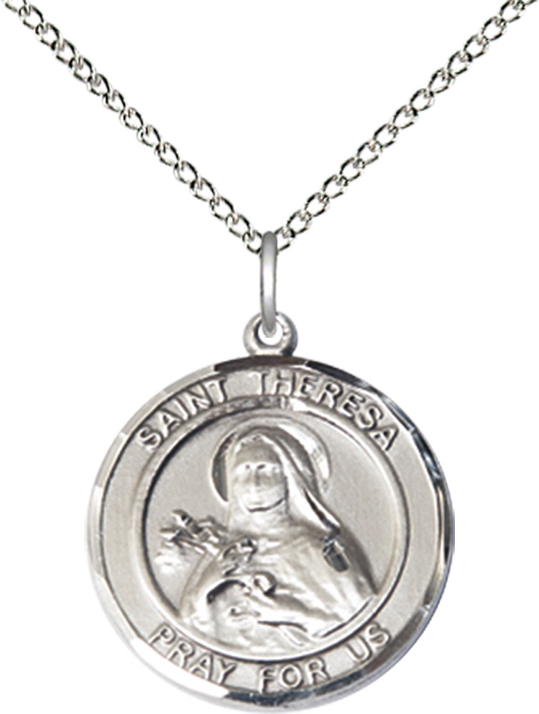 Sterling Silver Saint Theresa Pendant on a 18 inch Sterling Silver Light Curb chain