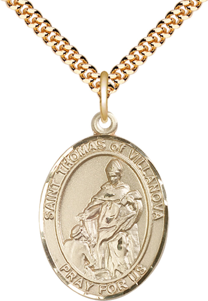 14kt Gold Filled Saint Thomas of Villanova Pendant on a 24 inch Gold Plate Heavy Curb chain