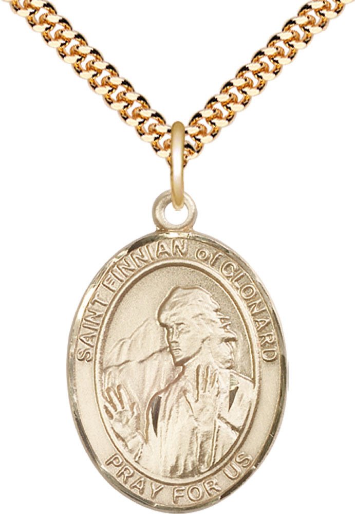 14kt Gold Filled Saint Finnian of Clonard Pendant on a 24 inch Gold Plate Heavy Curb chain