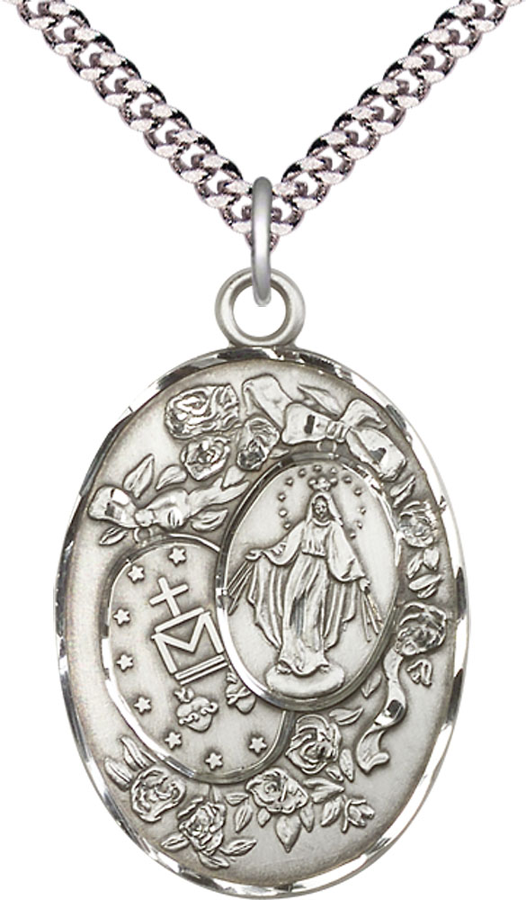 Sterling Silver Miraculous Pendant on a 24 inch Light Rhodium Heavy Curb chain