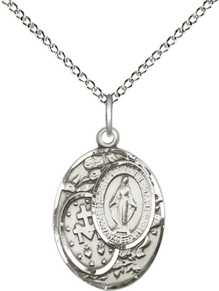 Sterling Silver Miraculous Pendant on a 18 inch Sterling Silver Light Curb chain