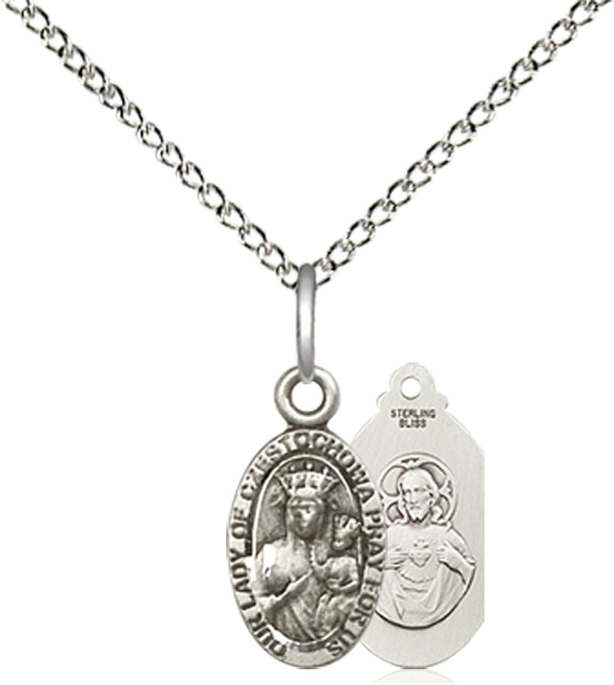 Sterling Silver Our Lady of Czestochowa Pendant on a 18 inch Sterling Silver Light Curb chain