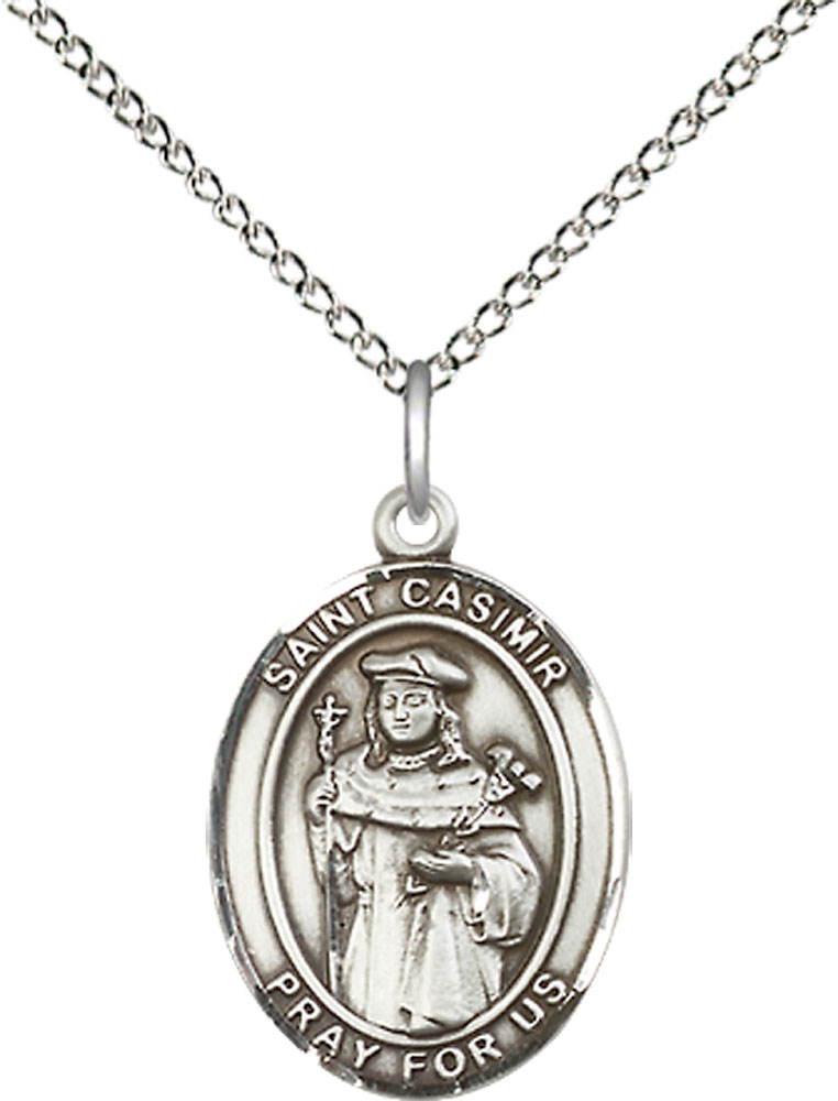 Sterling Silver Saint Casimir of Poland Pendant on a 18 inch Sterling Silver Light Curb chain