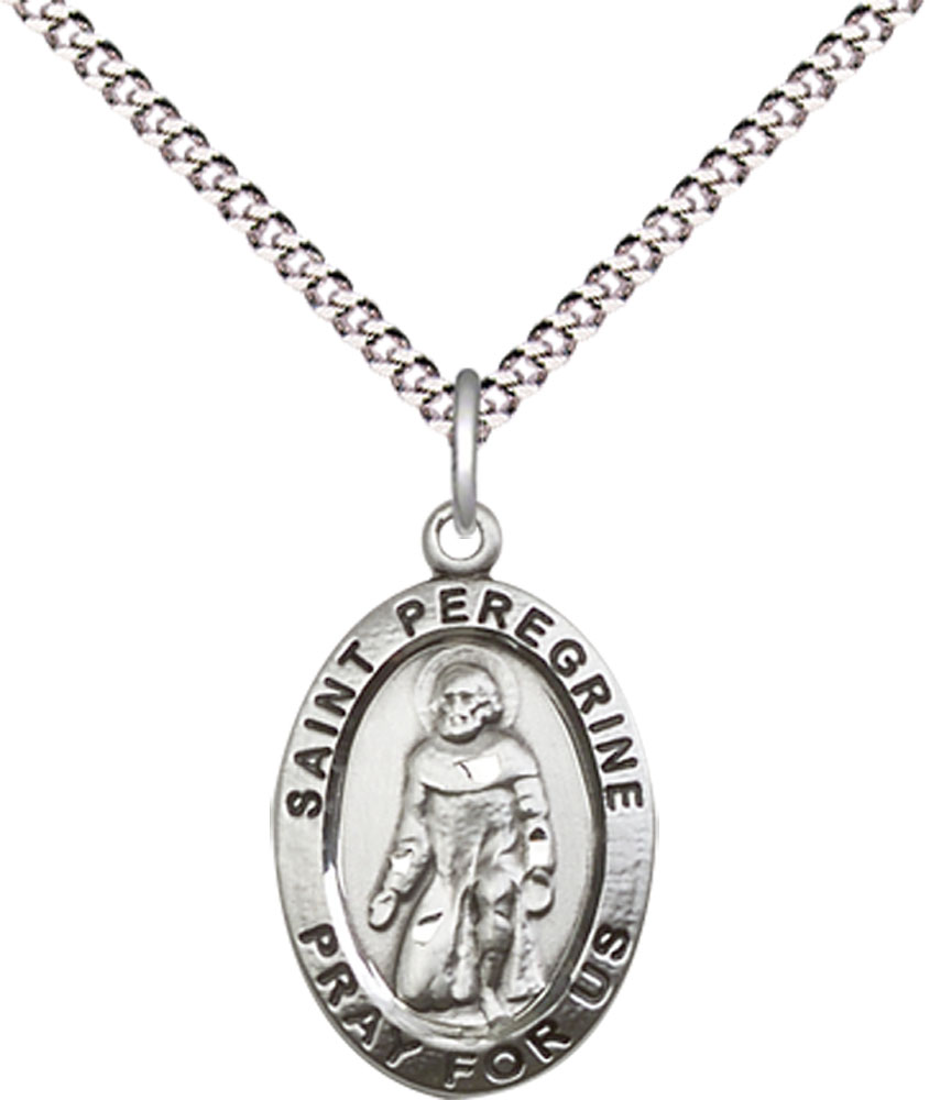 Sterling Silver Saint Peregrine Pendant on a 18 inch Light Rhodium Light Curb chain