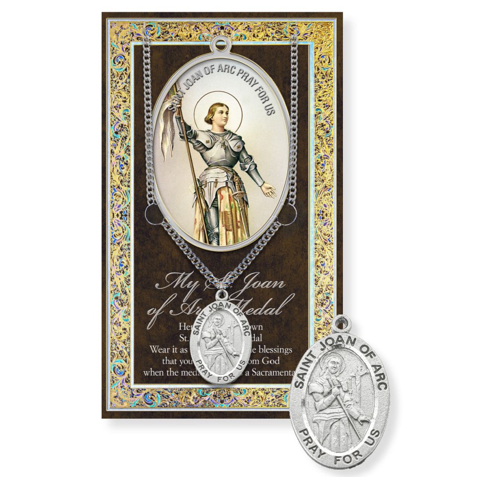 St. Joan of Arc Genuine Pewter Medal on a 24" Chain with Biography and Picture Folder
