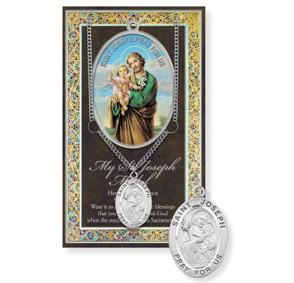 St. Joseph Genuine Pewter Medal on a 24" Chain with Biography and Picture Folder