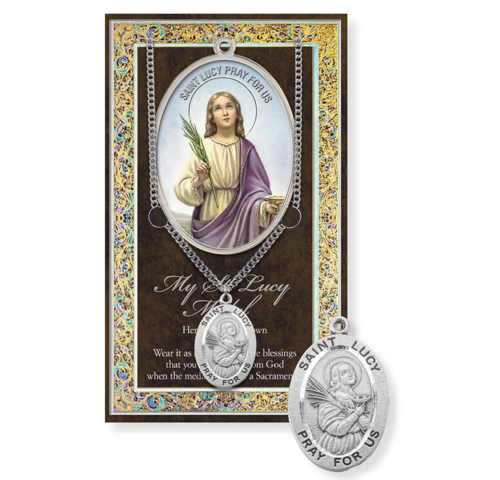 St. Lucy Genuine Pewter Medal on a 24&quot; Chain with Biography and Picture Folder