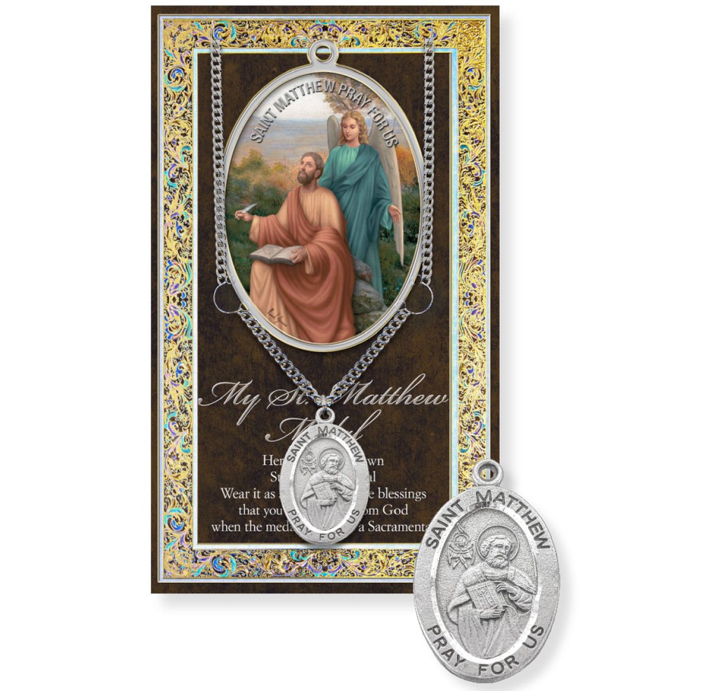 St. Matthew Genuine Pewter Medal on a 24" Chain with Biography and Picture Folder