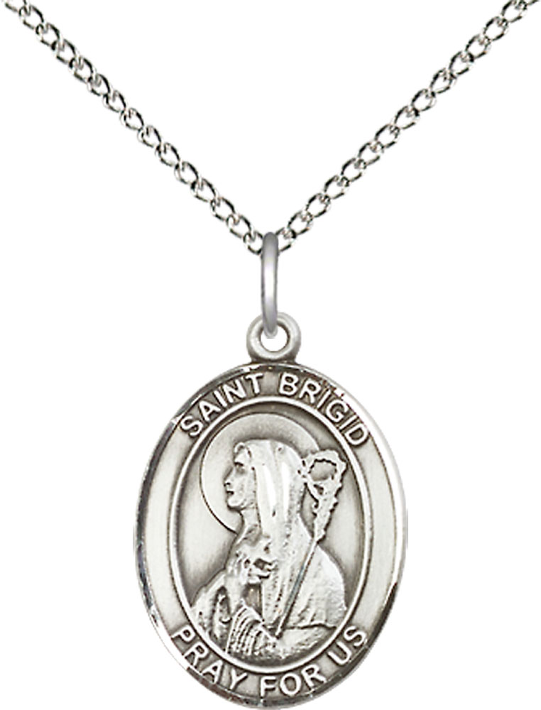 Sterling Silver Saint Brigid of Ireland Pendant on a 18 inch Sterling Silver Light Curb chain