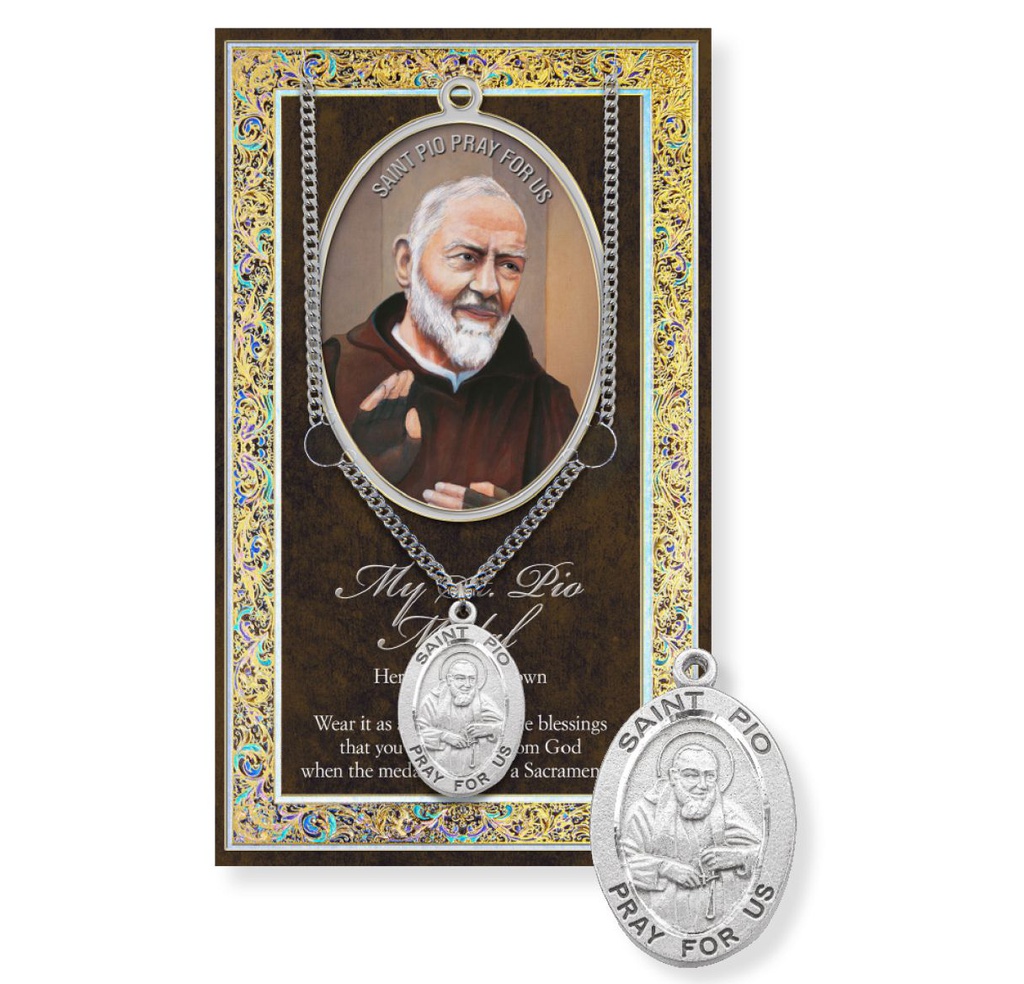 St. Pio Genuine Pewter Medal on a 24&quot; Chain with Biography and Picture Folder