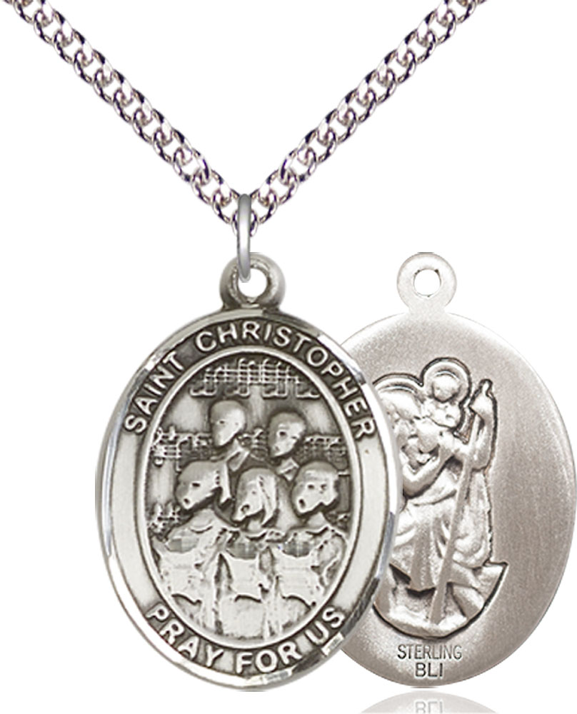 Sterling Silver Saint Christopher Choir Pendant on a 24 inch Sterling Silver Heavy Curb chain