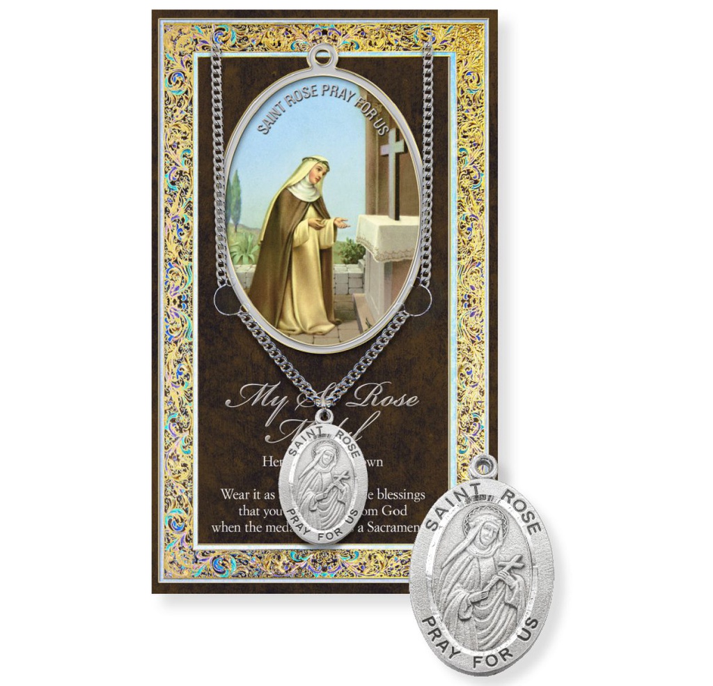 St. Rose Genuine Pewter Medal on a 24" Chain with Biography and Picture Folder