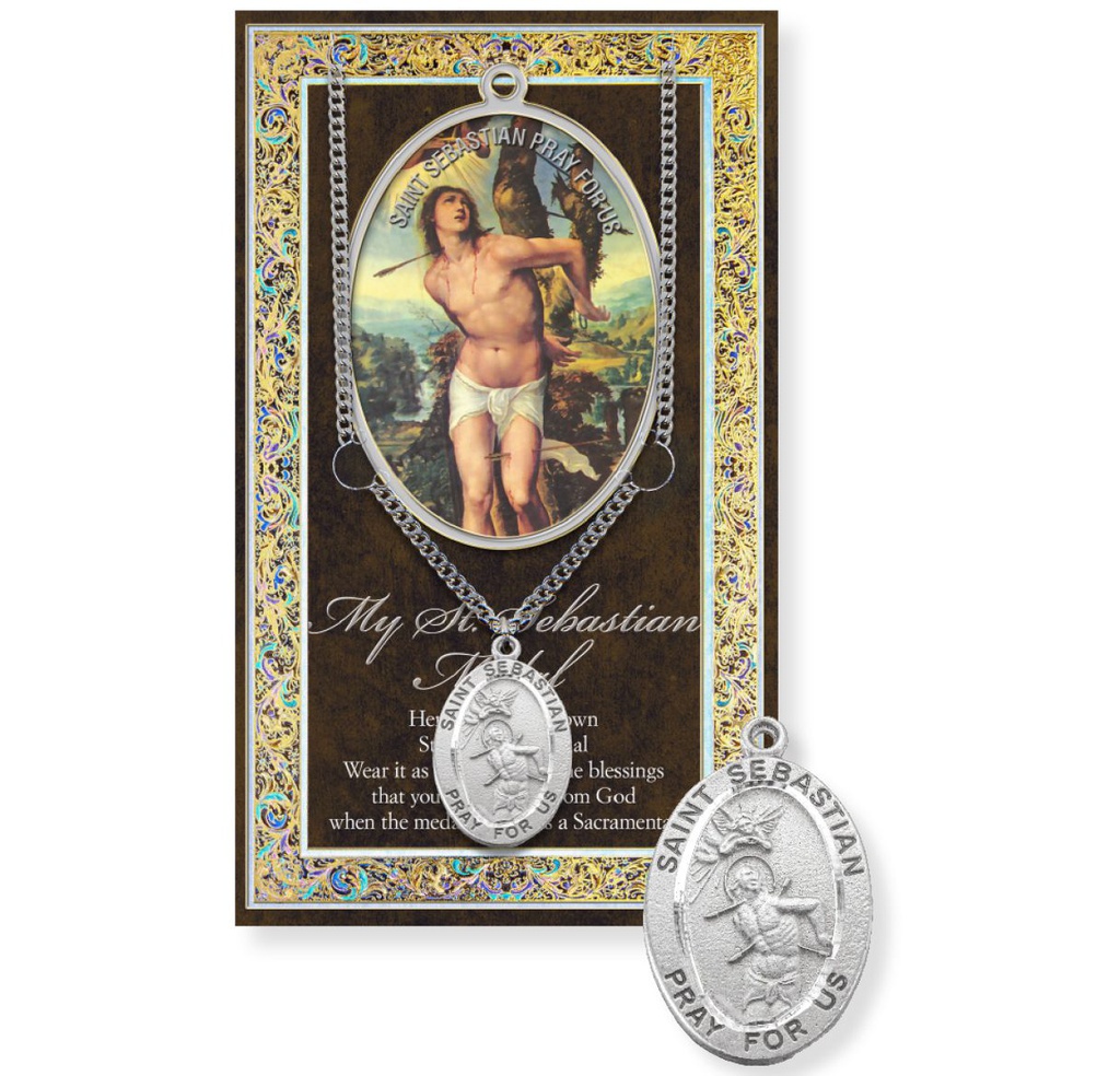 St. Sebastian Genuine Pewter Medal on a 24&quot; Chain with Biography and Picture Folder