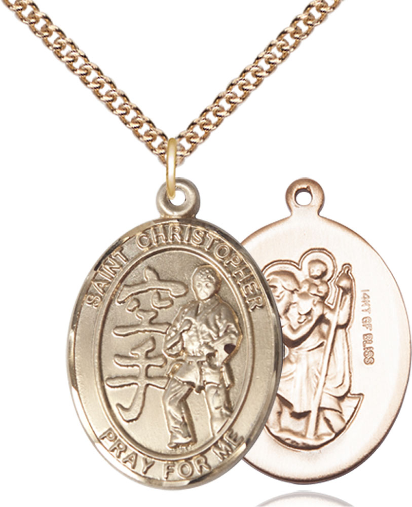 14kt Gold Filled Saint Christopher Karate Pendant on a 24 inch Gold Filled Heavy Curb chain