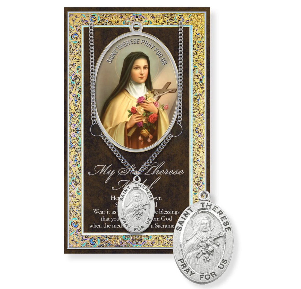 St. Therese Genuine Pewter Medal on a 24" Chain w/Bio. and Picture Folder