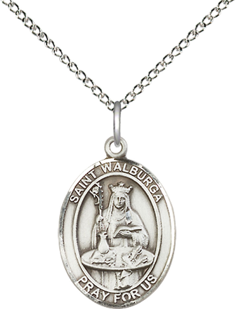 Sterling Silver Saint Walburga Pendant on a 18 inch Sterling Silver Light Curb chain