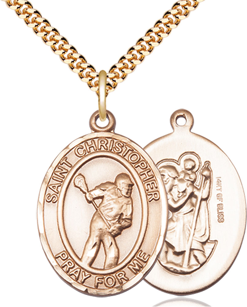 14kt Gold Filled Saint Christopher Lacrosse Pendant on a 24 inch Gold Plate Heavy Curb chain
