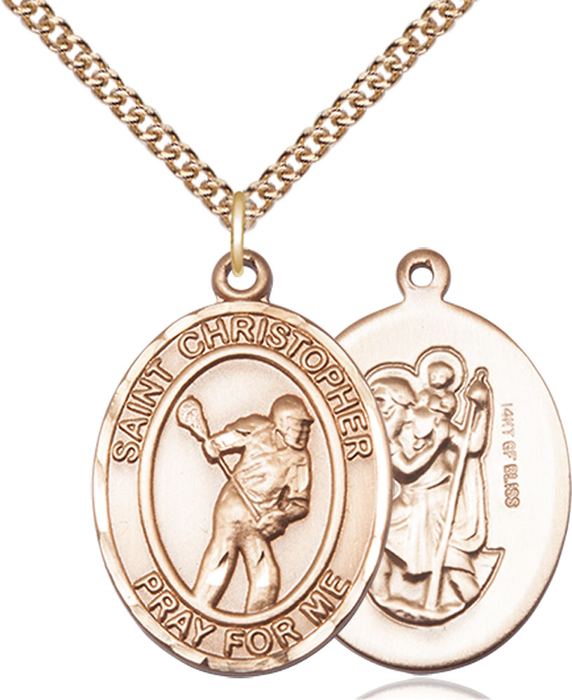 14kt Gold Filled Saint Christopher Lacrosse Pendant on a 24 inch Gold Filled Heavy Curb chain