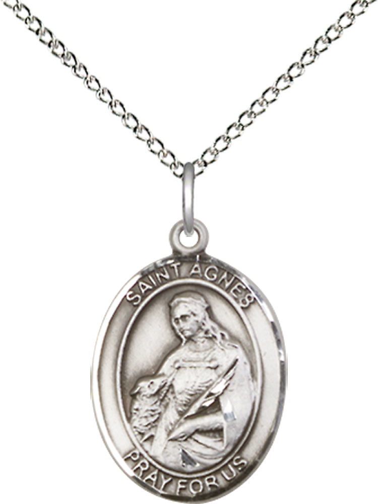 Sterling Silver Saint Agnes of Rome Pendant on a 18 inch Sterling Silver Light Curb chain