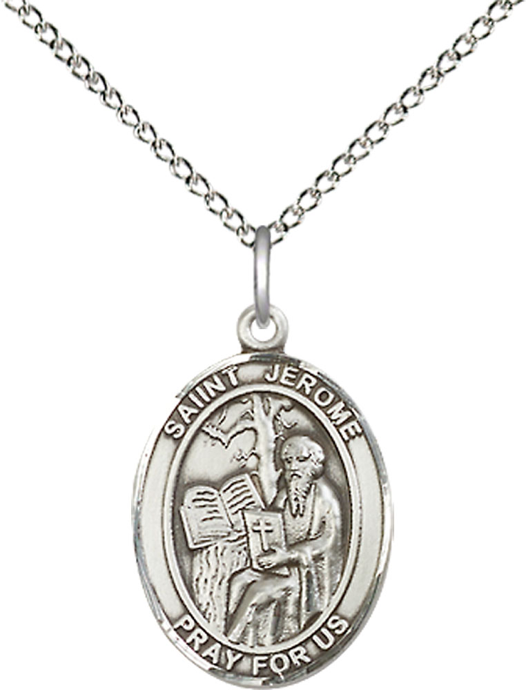 Sterling Silver Saint Jerome Pendant on a 18 inch Sterling Silver Light Curb chain
