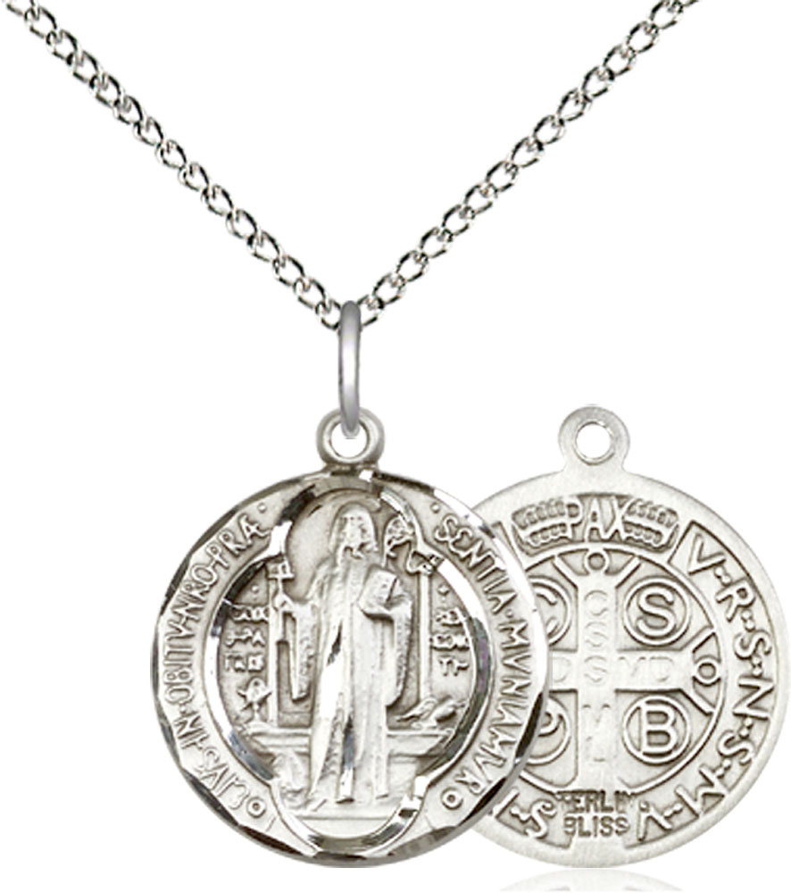Sterling Silver Saint Benedict Pendant on a 18 inch Sterling Silver Light Curb chain