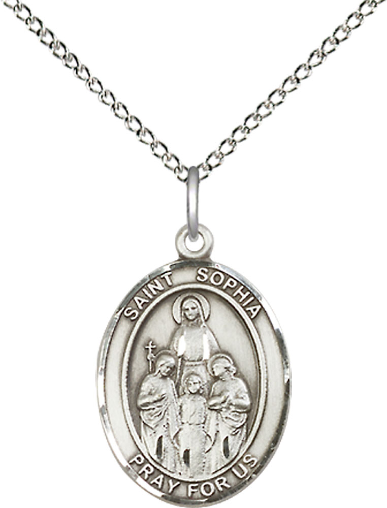 Sterling Silver Saint Sophia Pendant on a 18 inch Sterling Silver Light Curb chain