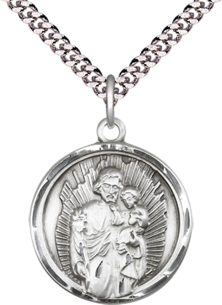 Sterling Silver Saint Joseph Pendant on a 24 inch Light Rhodium Heavy Curb chain