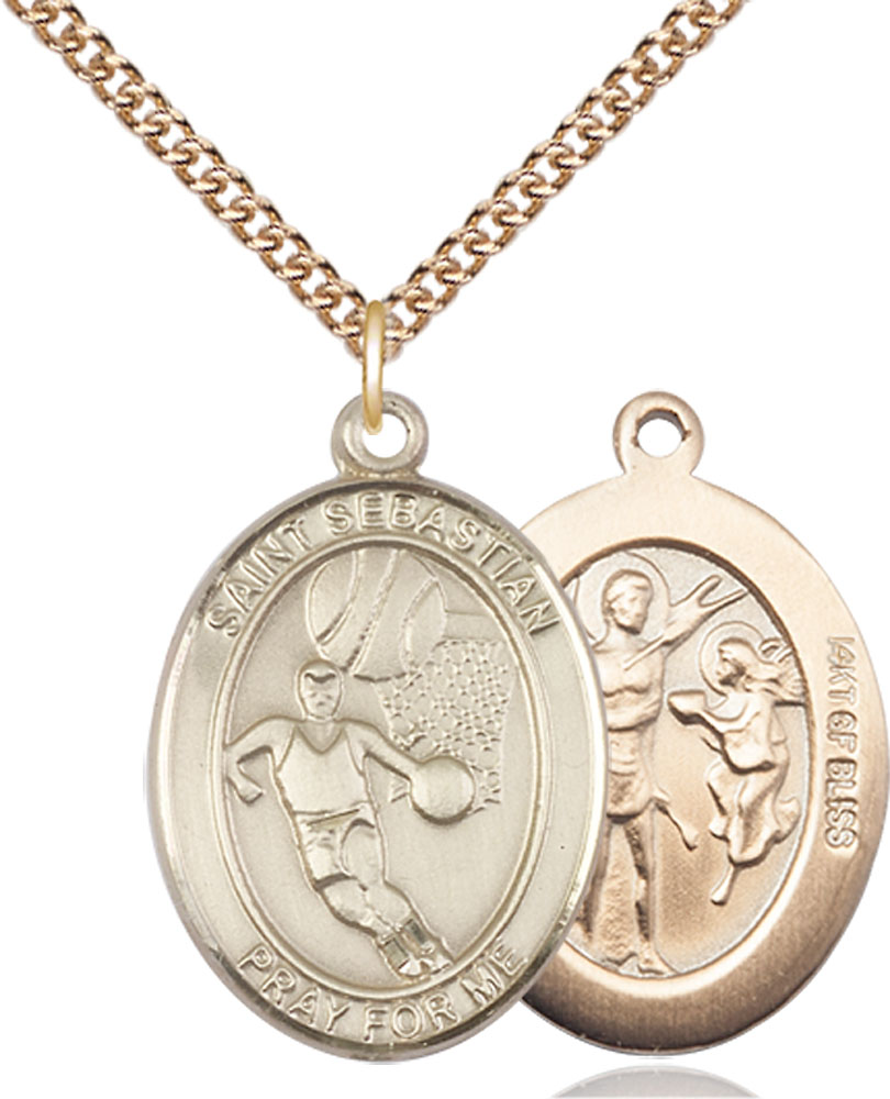 14kt Gold Filled Saint Sebastian Basketball Pendant on a 24 inch Gold Filled Heavy Curb chain