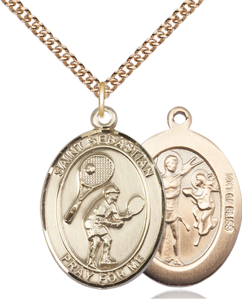14kt Gold Filled Saint Sebastian Tennis Pendant on a 24 inch Gold Filled Heavy Curb chain